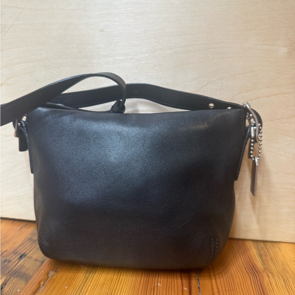 Vintage Coach small Black Leather Shoulder Bag with Silver Hardware